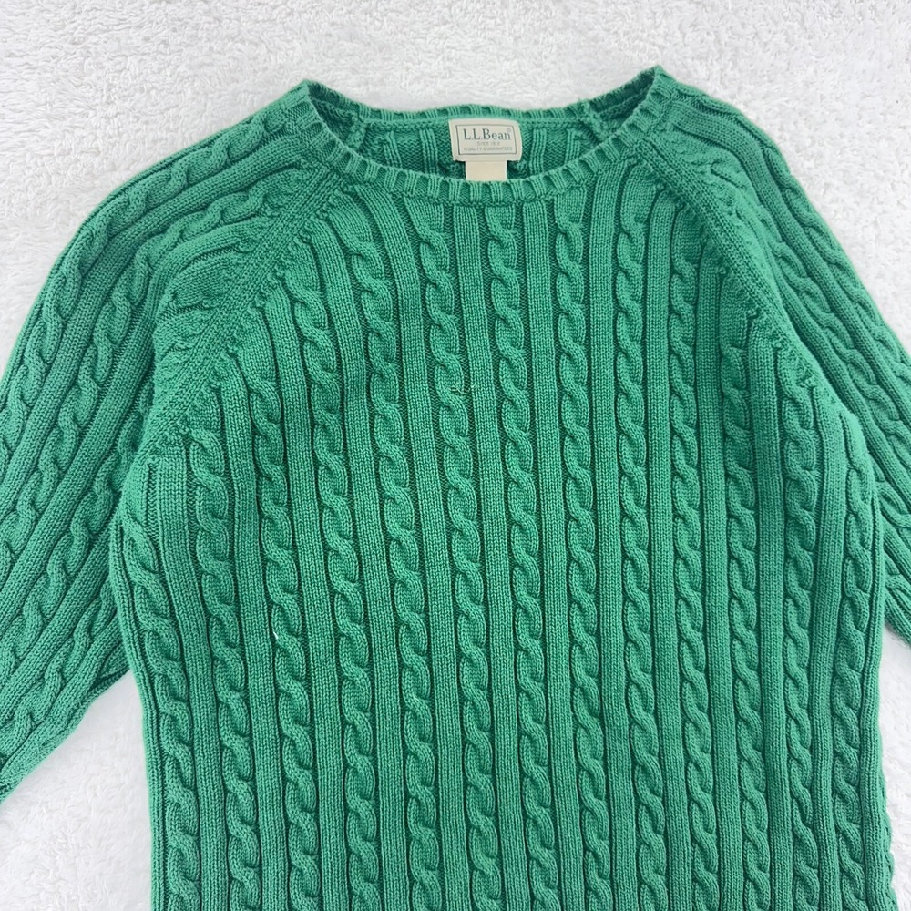 vintage LL BEAN WOMEN'S CABLE-KNIT SWEATER Fits Like SMALL kelly green cotton - Picture 2 of 6